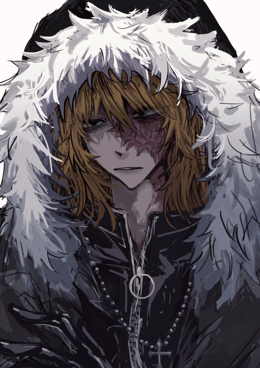 1boy absurdres black_jacket burn_scar death_note fur-trimmed_hood fur_trim highres hood hood_up jacket looking_to_the_side male_focus mello_(death_note) parted_lips partially_unzipped scar scar_on_face shuicha803 sideways_glance simple_background solo upper_body white_background white_fur zipper