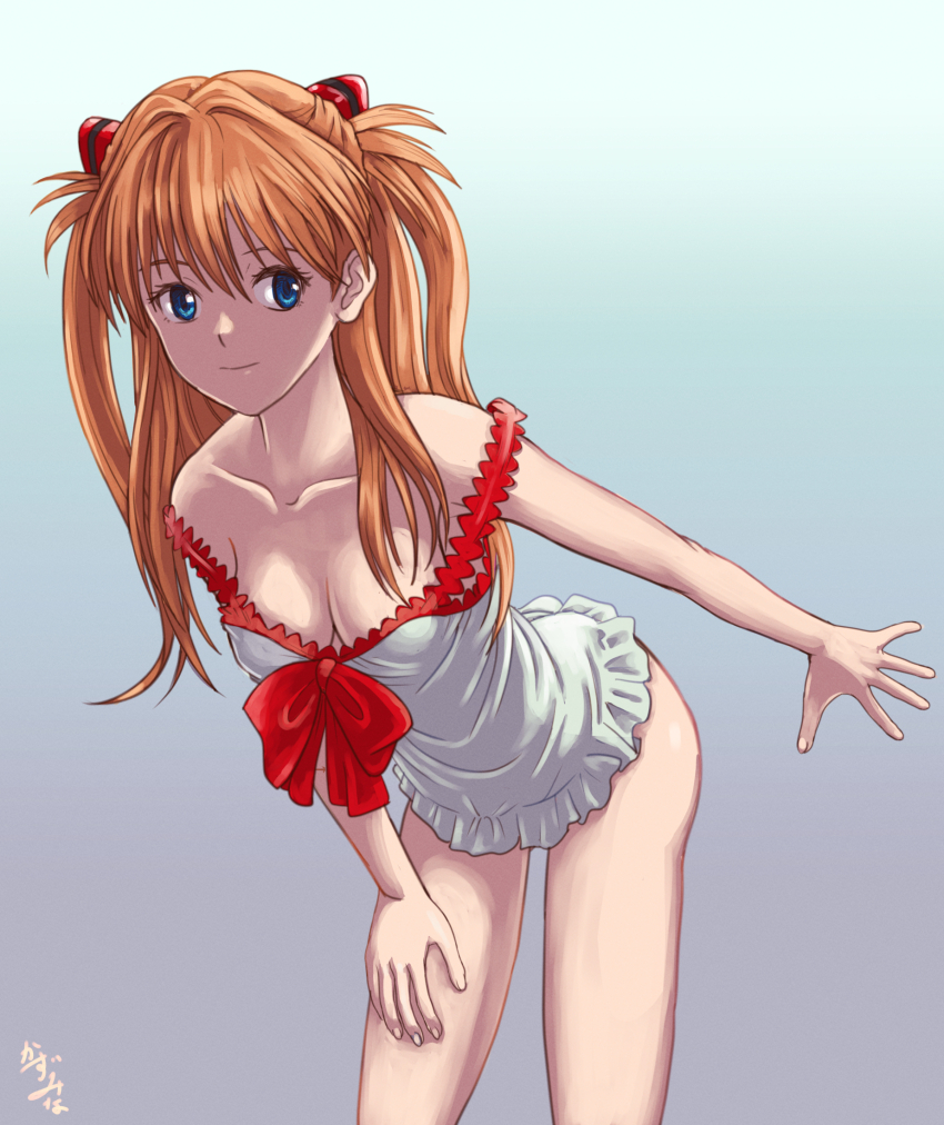 1girl ass bare_legs bare_shoulders bent_over breasts brown_hair chemise cleavage feet_out_of_frame highres interface_headset_(evangelion) kazumiminagawa lips long_hair looking_at_viewer medium_breasts neon_genesis_evangelion no_bra shiny_skin simple_background solo souryuu_asuka_langley standing two_side_up white_chemise wide_hips