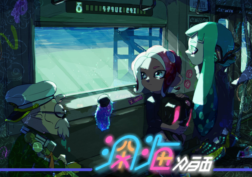 1boy 2girls backwards_hat bad_id bad_pixiv_id beard black_cape black_footwear black_shirt black_skirt blunt_bangs booru_(169b) c.q._cumber_(splatoon) cap&#039;n_cuttlefish cape closed_mouth commentary day facial_hair glasses graffiti hat headgear hero_shot_(splatoon_1) highres holding holding_weapon ink_tank_(splatoon) inkling inkling_(language) inkling_girl inkling_player_character light_particles long_hair long_sleeves looking_back medium_hair miniskirt multiple_girls nintendo octoling octoling_player_character peaked_cap pointy_ears red_hair shirt shoes sitting skirt splatoon_(series) splatoon_2 splatoon_2:_octo_expansion squidbeak_splatoon standing suction_cups sunlight symbol-only_commentary train_interior underwater weapon white_headwear wind yellow_shoes