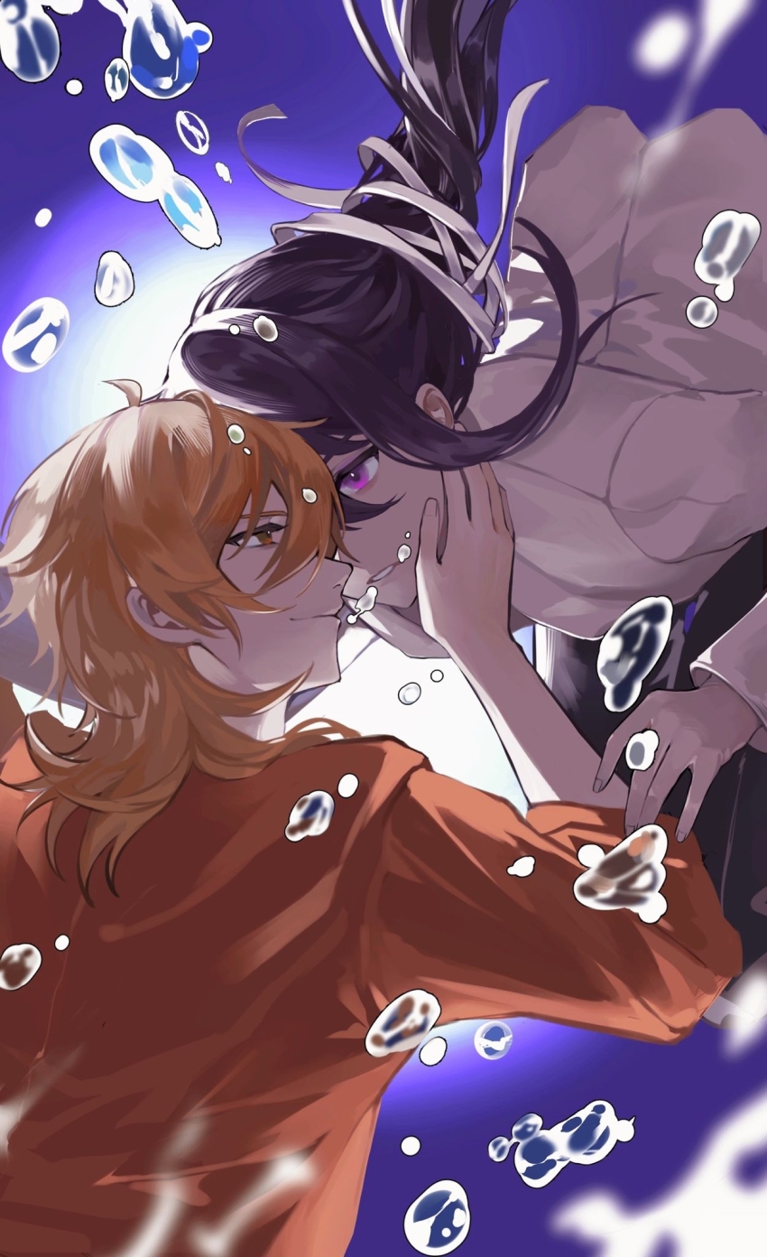 2boys ahoge blonde_hair blue_background blurry blurry_foreground bubble closed_mouth ensemble_stars! floating floating_hair gradient_background hair_between_eyes hair_down hakaze_kaoru hand_on_another&#039;s_neck highres imminent_kiss kanzaki_souma long_hair long_sleeves looking_at_another multiple_boys orange_shirt parted_lips purple_eyes purple_hair shirt sidelocks sleeves_rolled_up smile underwater untying_hair v-shaped_eyebrows white_background white_shirt wolf_cut xima716 yaoi yellow_eyes