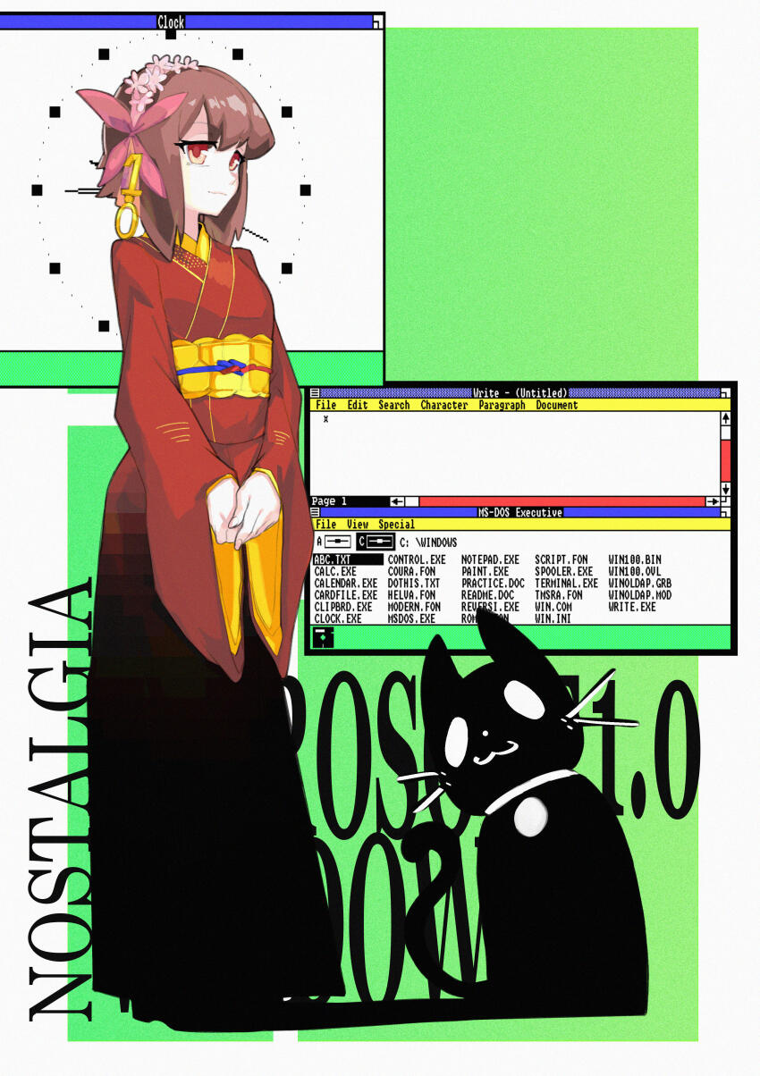 1.0-tan 1girl absurdres alt_text black_cat brown_hair cat clock commentary dos_cat english_commentary flower hair_flower hair_ornament hairband highres japanese_clothes kimono long_sleeves looking_at_viewer microsoft_windows orange_eyes os-tan red_kimono short_hair solo_focus teku-a-fool wide_sleeves window_(computing) windows_1.0