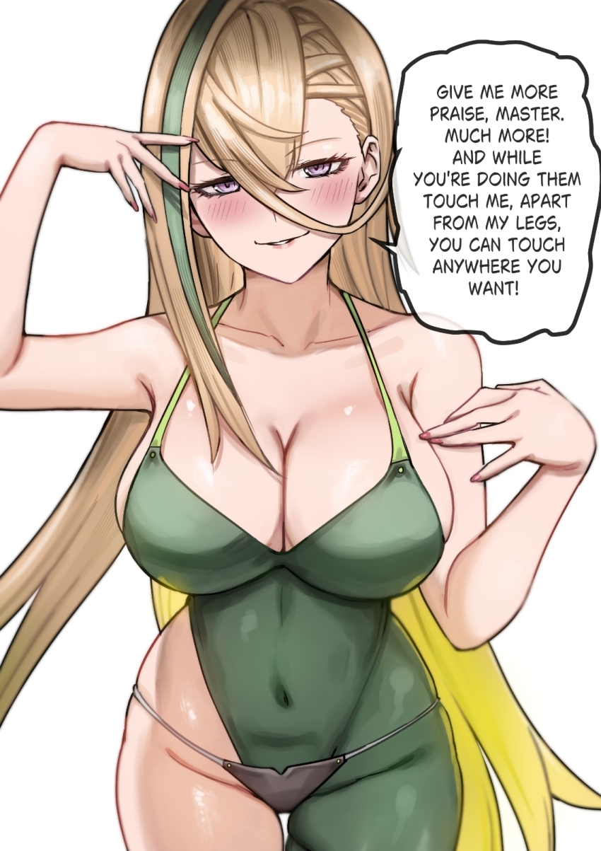 1girl bare_shoulders blush breasts collarbone commentary english_text fate/grand_order fate_(series) female_focus gradient_hair hair_ornament hairpin highres huyan_zhuo_(fate) large_breasts looking_at_viewer multicolored_hair purple_eyes shinsaku_(stan-art) shiny_skin simple_background speech_bubble two-tone_hair white_background