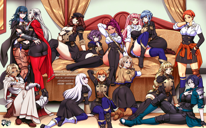 6+girls annette_fantine_dominic ass asymmetrical_hair bedroom belt bernadetta_von_varley black_hair blonde_hair blue_eyes breasts brown_hair female_byleth_(fire_emblem) cape catherine_(fire_emblem) choker cleavage clothes_pull deep_skin dorothea_arnault edelgard_von_hresvelg fire_emblem fire_emblem:_three_houses garreg_mach_monastery_uniform grabbing_another&#039;s_ass green_belt green_jacket groping hair_ribbon hilda_valentine_goneril huge_breasts ingrid_brandl_galatea jacket jadenkaiba large_breasts leonie_pinelli long_hair lysithea_von_ordelia marianne_von_edmund medium_breasts mercedes_von_martritz multiple_girls nintendo pantyhose patterned_legwear petra_macneary purple_eyes purple_ribbon red_cape red_pantyhose ribbon shamir_nevrand shirt short_hair shorts side_cape small_breasts smile teasing thick_thighs thighhighs thighs white_hair yuri