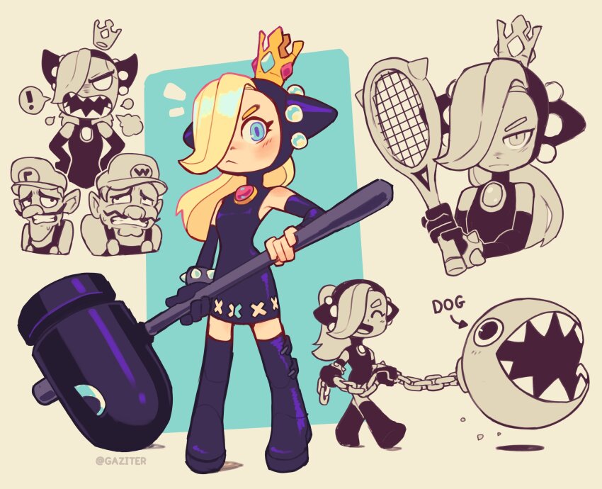 ! absurdres bare_shoulders black_dress black_footwear black_gloves blonde_hair blue_eyes bracelet bullet_bill chain_chomp cropped_torso crown cute_weapon dress full_body gaziter gloves hair_over_one_eye hammer highres holding holding_hammer jewelry mario_(series) mario_power_tennis mario_tennis multiple_views nintendo racket sharp_teeth sleeveless sleeveless_dress solo_focus spiked_bracelet spikes spoken_exclamation_mark standing teeth tennis_racket walking waluigi wario warupeach weapon
