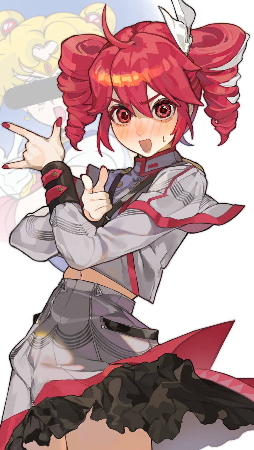 1girl bar_censor benkeinazuna bishoujo_senshi_sailor_moon black_sleeves buttons censored censored_identity double-breasted drill_hair grey_jacket highres jacket kasane_teto kasane_teto_(sv) musical_staff musical_staff_print official_style pointless_censoring red_hair red_trim reference_inset ribbon sailor_moon sailor_moon_pose shoulder_belt shoulder_boards striped_clothes striped_jacket synthesizer_v twin_drills utau white_ribbon