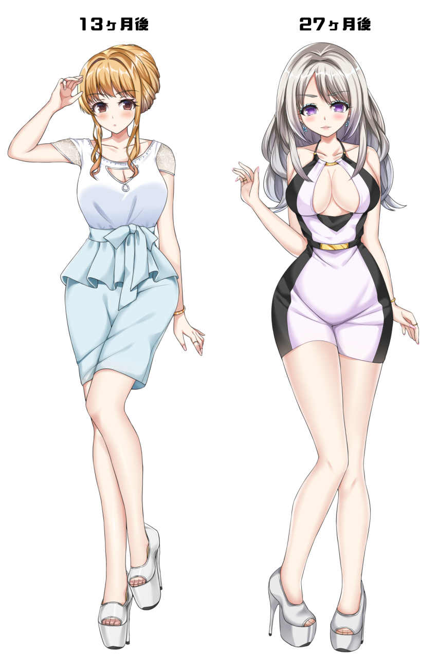 beehive_hairdo before_and_after belt bimbofication black_belt blonde_hair blue_eyeshadow blue_pants blue_shirt blush breasts brown_eyes brown_hair cleavage cleavage_cutout clothing_cutout collarbone dress earrings eyeshadow flower_earrings gradient_clothes gradient_shirt grey_hair gyaru hair_intakes halter_dress halterneck high_heels highres jewelry kuroko_(user_jtty5588) large_breasts long_hair looking_at_viewer makeup onee_gyaru original pants parted_lips platform_footwear platform_heels purple_eyes shirt sidelocks smile translation_request white_high_heels white_shirt wide_hips