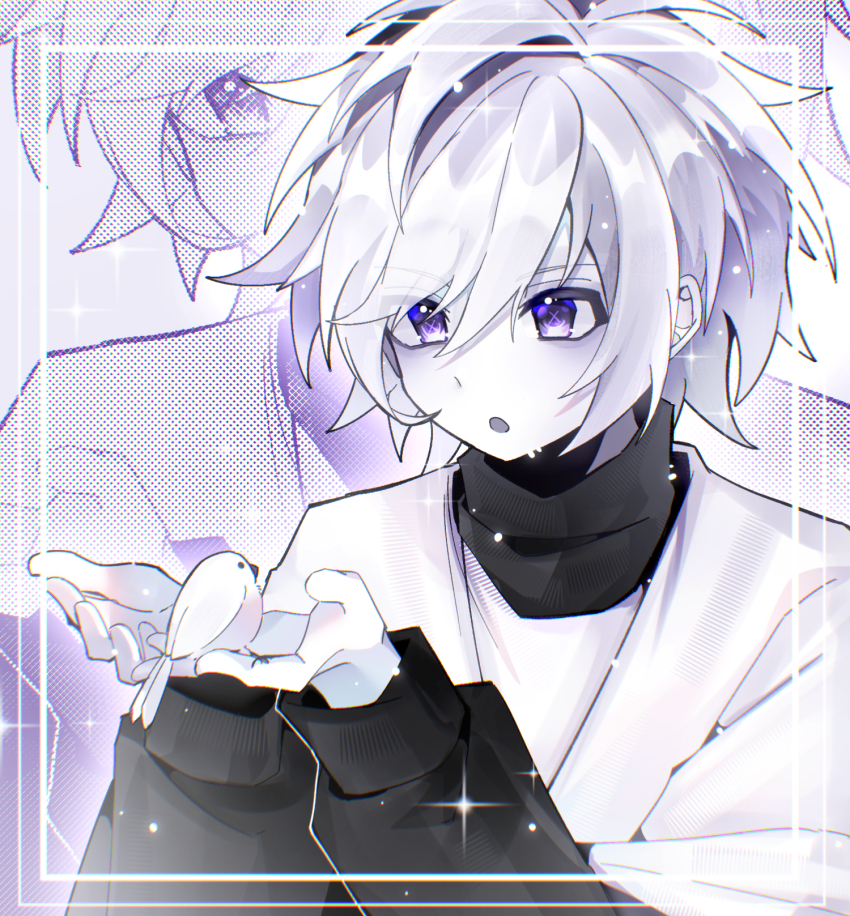 1boy :o aegyo_sal alternate_universe animal animal_on_hand antenna_hair bird black_sweater chara_(undertale) chromatic_aberration colored_skin commentary_request double-parted_bangs eyes_visible_through_hair hair_between_eyes halftone halftone_background hands_up highres inset_border layered_sleeves lingxiankong1 long_sleeves looking_at_animal male_focus open_mouth outline puffy_long_sleeves puffy_sleeves purple_eyes shirt short_hair short_over_long_sleeves short_sleeves simple_background solo sparkle sweater swept_bangs turtleneck turtleneck_sweater undertale upper_body utdr_(toby_fox) white_background white_bird white_hair white_outline white_shirt white_skin xtale zoom_layer