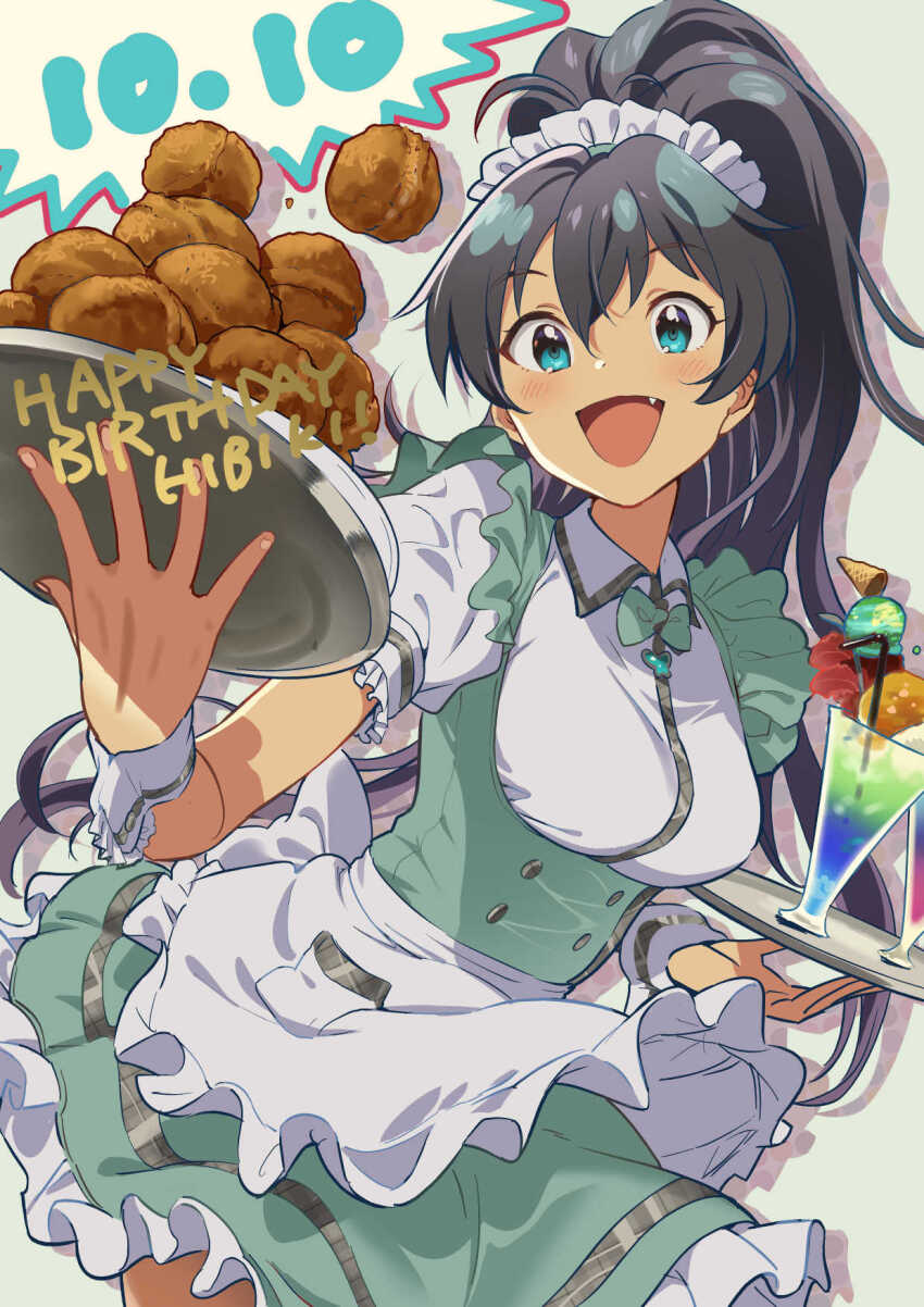 1girl :d alternate_color andou_shuki apron black_hair blush breasts buttons cocktail cocktail_glass collar collared_shirt cowboy_shot cup dated dessert dot_nose double-parted_bangs dress drinking_glass drinking_straw drop_shadow fang food frilled_dress frills ganaha_hibiki green_dress hair_between_eyes happy_birthday highres ice_cream idolmaster idolmaster_(classic) idolmaster_million_live! idolmaster_million_live!_theater_days large_breasts long_hair looking_at_viewer maid_apron maid_headdress open_mouth pocket pretty_waitress_(idolmaster) puffy_short_sleeves puffy_sleeves shirt short_sleeves sidelocks simple_background smile tan tray very_long_hair waist_apron white_apron white_collar wrist_cuffs