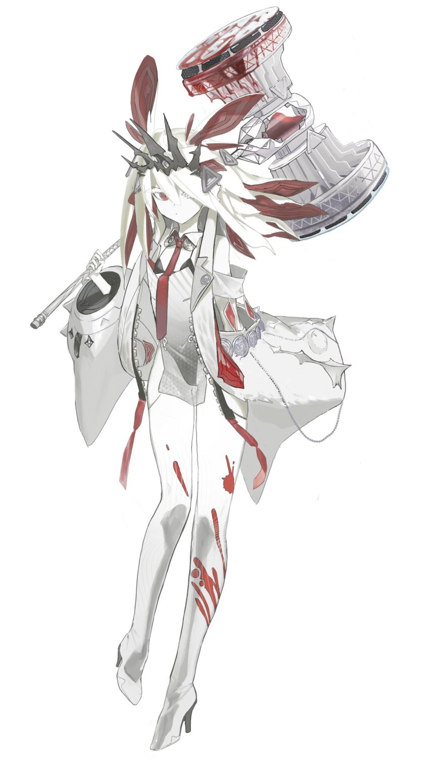 1girl boots colored_skin expressionless full_body hair_over_one_eye highres holding holding_mallet long_hair mallet necktie one_eye_covered original red_eyes red_necktie simple_background solo thigh_boots toriseka white_background white_boots white_hair white_skin