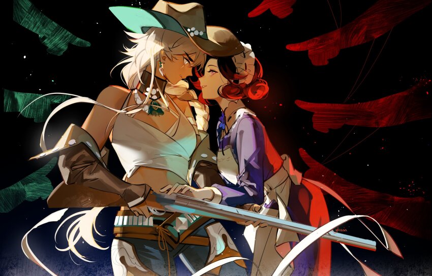 2girls apron argus_(reverse:1999) artist_name bare_shoulders blonde_hair breasts brown_choker brown_hat choker cleavage cowboy_hat dress earrings from_side gun hashtag-only_commentary hat highres holding holding_gun holding_weapon jewelry long_braid maid maid_apron maid_headdress multiple_girls pants pink_eyes pointing purple_dress reverse:1999 scar scar_across_eye scar_on_face shotgun tank_top tuesday_(reverse:1999) weapon white_tank_top ylceon yuri