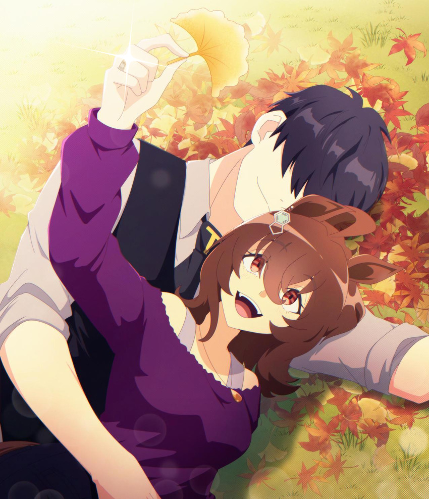 1boy 1girl agnes_tachyon_(umamusume) ahoge animal_ears autumn autumn_leaves black_hair bob_cut brown_hair bubble couple earrings eyebrows_hidden_by_hair hair_over_eyes highres holding holding_leaf horse_ears horse_girl horse_tail jewelry leaf lens_flare long_sleeves messy_hair necktie open_mouth pok3d purple_shirt red_eyes ring shirt short_sleeves size_difference smile sunlight tail trainer_(umamusume) umamusume undershirt vest wedding_ring white_shirt