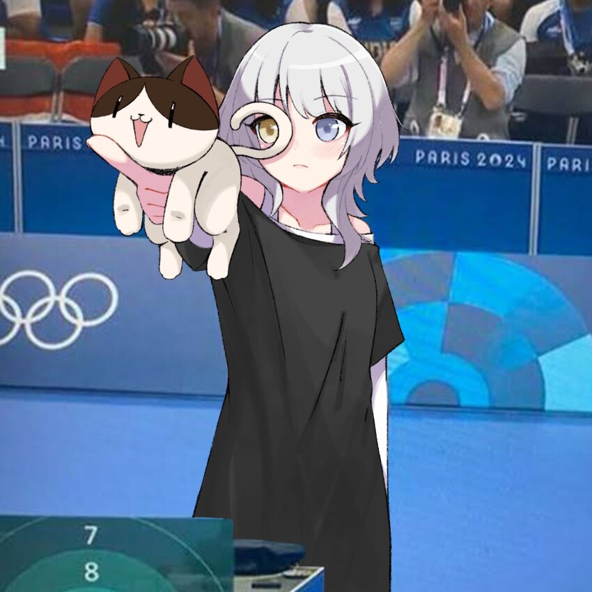 1girl 2024_summer_olympics 6+others arm_up bang_dream! bang_dream!_it&#039;s_mygo!!!!! black_shirt blue_eyes camera cat cat_on_person closed_mouth commentary english_commentary finger_gun heterochromia highres kaname_raana layered_sleeves long_sleeves medium_hair multiple_others olympic_rings olympics photo_background shirt short_over_long_sleeves short_sleeves touka_(pati_nyaaaaaaa) white_hair yellow_eyes yusuf_dikec yusuf_dikec_(meme)