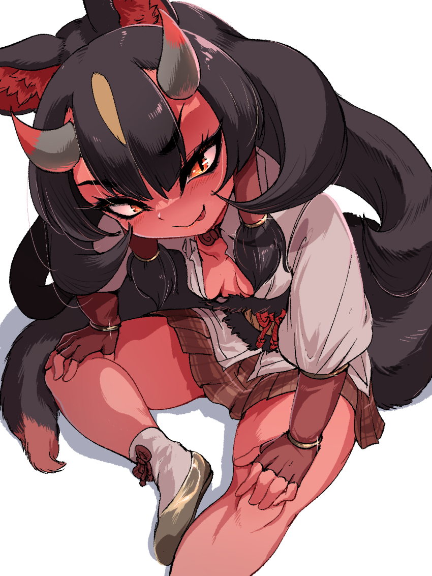 1girl animal_ears black_hair breasts choker cleavage colored_skin elbow_gloves extra_ears fingerless_gloves fox_ears fox_girl fox_tail gloves highres horns kemono_friends kinkaku_(kemono_friends) large_breasts long_hair looking_at_viewer mcgunngu red_skin shirt shoes simple_background sitting skirt socks solo tail tongue tongue_out yellow_eyes