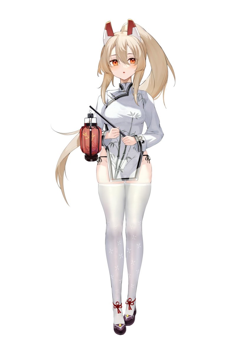 1girl absurdres alternate_costume ankle_strap ayanami_(azur_lane) azur_lane black_footwear chinese_clothes headgear highres lantern long_hair looking_at_viewer ootsuki_momiji orange_eyes panties ponytail side-tie_panties skindentation standing thighhighs thighs underwear white_background white_hair white_thighhighs