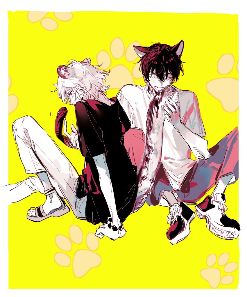 2boys animal_ears black_hair black_pants black_shirt blonde_hair bracelet cat_boy cat_ears cat_tail hair_between_eyes highres holding jewelry knees_up male_focus multiple_boys original pants paw_print paw_print_background qyzhiaiyisheng sandals shirt shoes short_hair short_sleeves sitting smile sneakers t-shirt tail white_pants white_shirt yellow_background