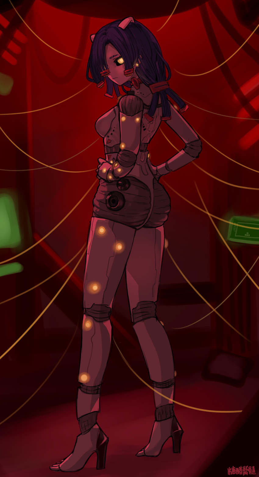 1girl absurdres android animal_ears black_sclera breasts cable cable_hair cat_ears colored_sclera commentary completely_nude core_mita_(miside) extra_ears glowing hair_over_one_eye hands_on_own_hips high_heels highres indoors long_hair looking_at_viewer miside mita_(miside) monitor nude purple_hair small_breasts solo tangcujisui translation_request yellow_pupils