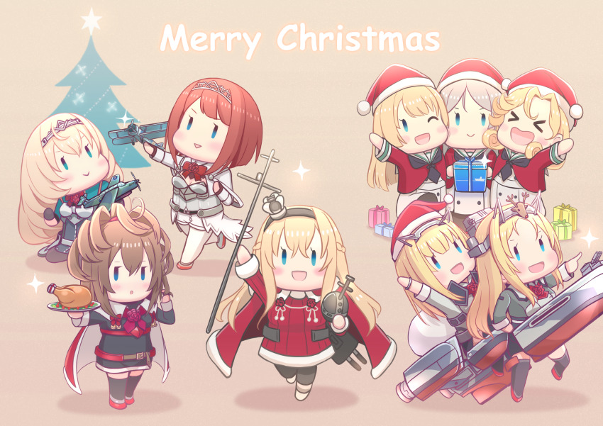 &gt;_&lt; 6+girls aircraft airplane akisame_rizu ark_royal_(kancolle) ascot biplane black_hairband black_neckerchief blonde_hair blue_background blue_eyes blunt_bangs blush bob_cut box brown_hair cannon cape capelet chibi christmas christmas_tree closed_eyes coat corset country_connection cropped_jacket crown dress english_text fairey_swordfish fighter_plane flower food fur-trimmed_cape fur-trimmed_headwear fur_trim gift gift_box globus_cruciger green_jacket grey_background grey_hair grey_jacket grey_shirt hairband hat headgear highres holding holding_gift inverted_bob jacket janus_(kancolle) javelin_(kancolle) jervis_(kancolle) kantai_collection long_hair long_sleeves merry_christmas messy_hair military_uniform military_vehicle mini_crown multiple_girls neck_flower neckerchief nelson_(kancolle) official_alternate_costume one_eye_closed open_mouth orange_hair overskirt pants parted_bangs parted_lips pencil_skirt propeller_fighter red_ascot red_cape red_coat red_dress red_flower red_hair red_headwear red_rose rigging rodney_(kancolle) rose royal_air_force sailor_collar santa_costume santa_dress santa_hat scepter sheffield_(christmas)_(kancolle) sheffield_(kancolle) ship_turret shirt short_hair simple_background skirt smile sparkle standing tiara victorious_(kancolle) warspite_(christmas)_(kancolle) warspite_(kancolle) white_corset white_jacket white_pants