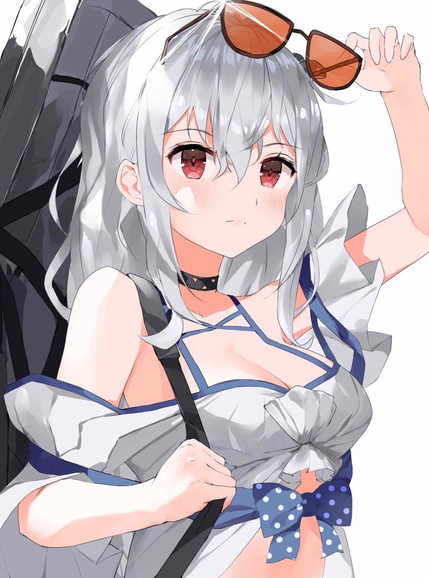 024th 1girl absurdres arknights bare_shoulders black_choker breasts carrying choker unworn_eyewear hair_between_eyes highres holding holding_removed_eyewear long_hair looking_at_viewer medium_breasts no_headwear official_alternate_costume red_eyes shirt silver_hair skadi_(arknights) skadi_(waverider)_(arknights) solo sunglasses upper_body very_long_hair weapon_case white_background white_shirt