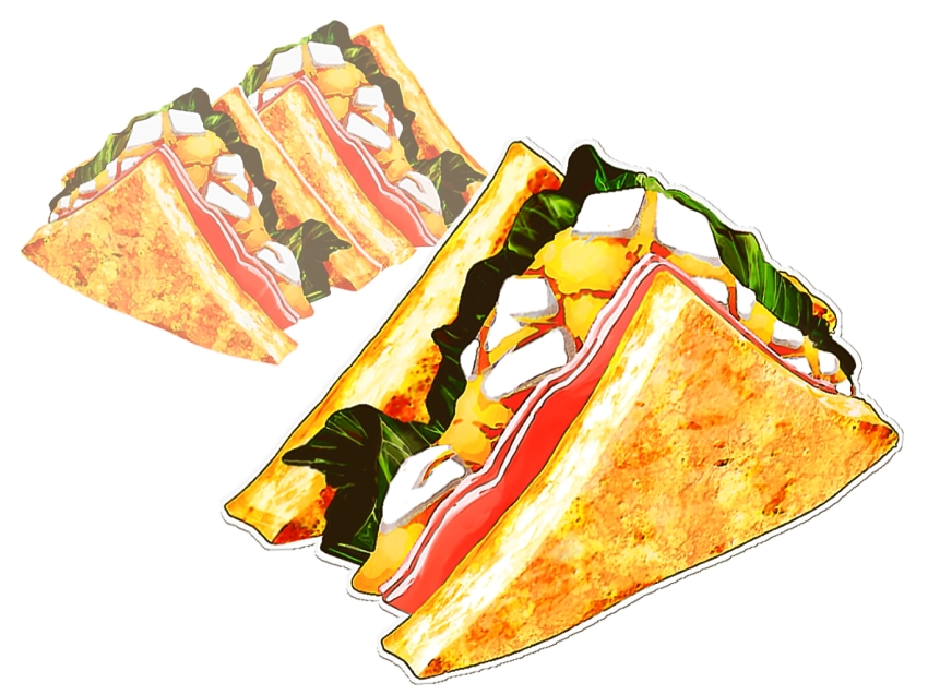 bread commentary_request egg_sandwich food food_focus frying-ammonite ham lettuce no_humans original simple_background white_background