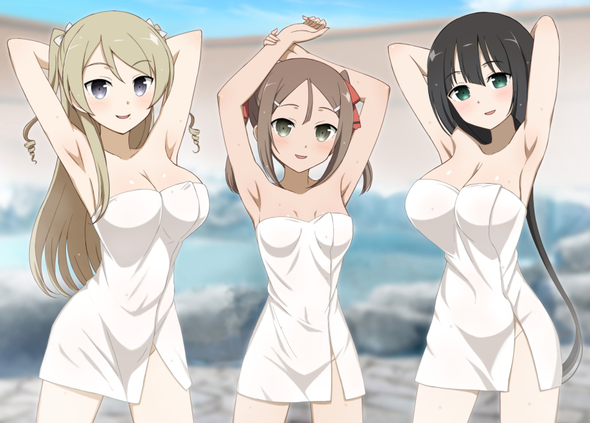 3girls armpits arms_up black_hair blonde_hair blush bow breasts brown_hair green_eyes grey_eyes hair_bow hair_ribbon highres kusunoki_mebuki_wa_yuusha_de_aru large_breasts long_hair looking_at_viewer low_ponytail miroku_yumiko miyoshi_karin mole mole_under_mouth multiple_girls naked_towel onsen ponytail red_ribbon ribbon small_breasts smile tougou_mimori towel twintails user_tmwx3385 very_long_hair white_bow yuuki_yuuna_wa_yuusha_de_aru yuusha_de_aru