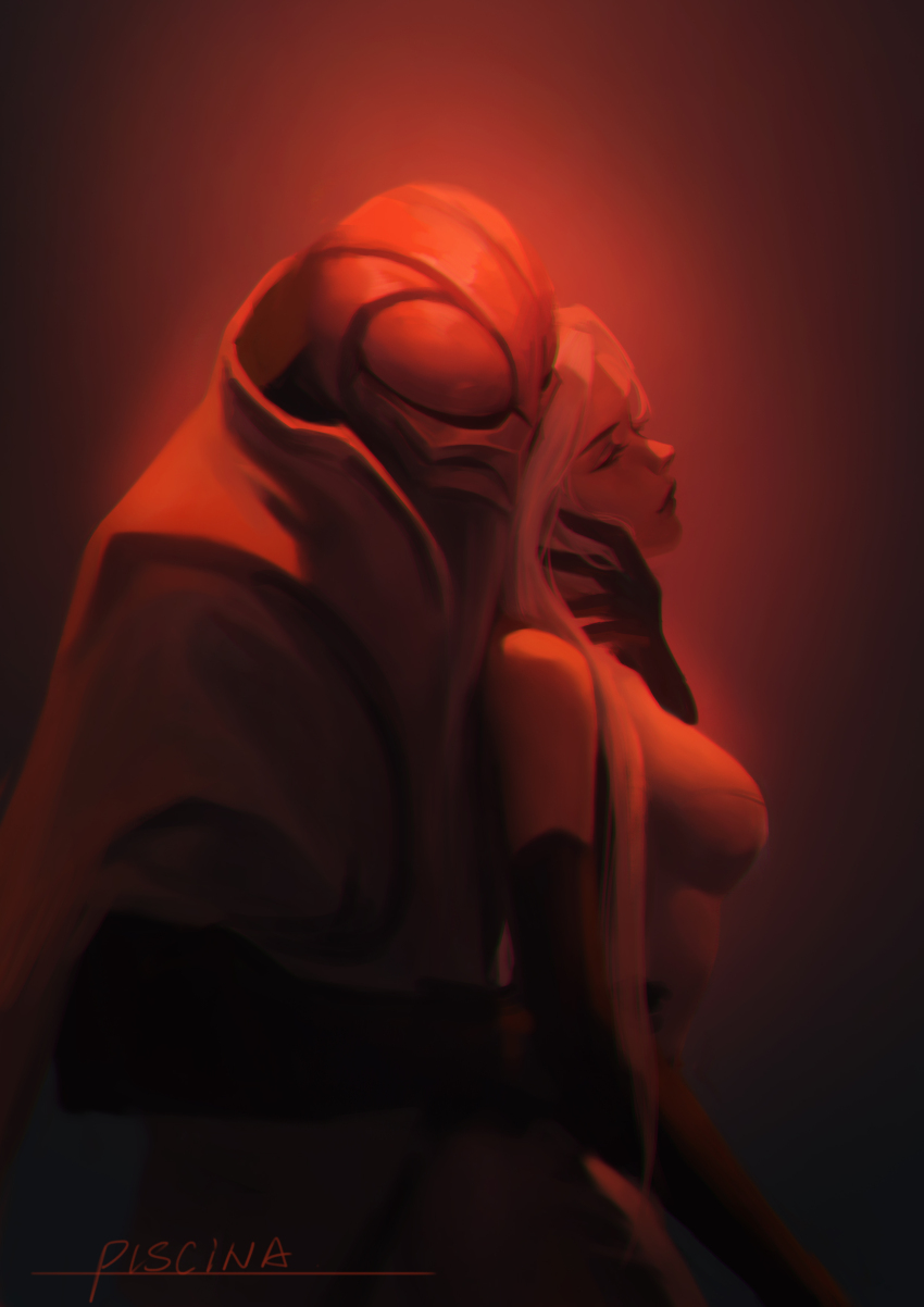 1boy 1girl absurdres artist_name black_gloves breasts cape closed_eyes elbow_gloves gloves hetero highres league_of_legends mask medium_breasts piscina red_theme syndra upper_body white_hair zed_(league_of_legends)