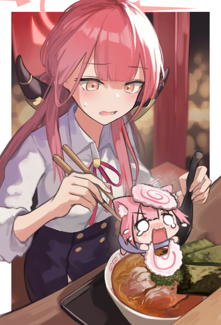 2girls absurdres artist_collaboration aru_(blue_archive) black_skirt blue_archive blurry blurry_background blush bokeh breasts character_request chibi chinese_spoon chopsticks commentary_request demon_horns depth_of_field food halo highres holding holding_chopsticks holding_food holding_spoon horns kamaboko kuro_shiraga looking_at_another medium_breasts multiple_girls narutomaki neck_ribbon noodles pink_hair ramen rectangular_mouth ribbon shirt skirt spoon steam sweatdrop tears urode white_shirt