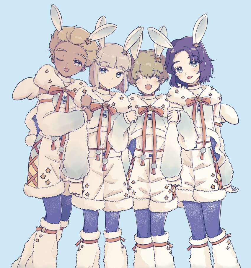4boys animal_ears athrun_zala blonde_hair blue_background blue_eyes blue_hair blush cosplay dark-skinned_male dark_skin dearka_elsman detached_sleeves ensemble_stars! fake_animal_ears fake_wings feet_out_of_frame fur-trimmed_shorts fur_trim green_eyes gundam gundam_seed hair_ornament highres hikari_spectre_(ensemble_stars!) leg_warmers leggings locked_arms long_sleeves looking_at_viewer multiple_boys nicol_amafli one_eye_closed rabbit_ears ribbon shirt short_hair shorts simple_background smile sunnymel_g white_hair wings yzak_joule