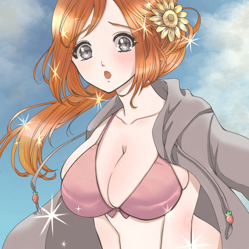 1girl bikini bleach breasts country_dweller female_focus flower flower_on_head hair_flower hair_ornament highres inoue_orihime large_breasts light_blush long_hair solo swimsuit upper_body