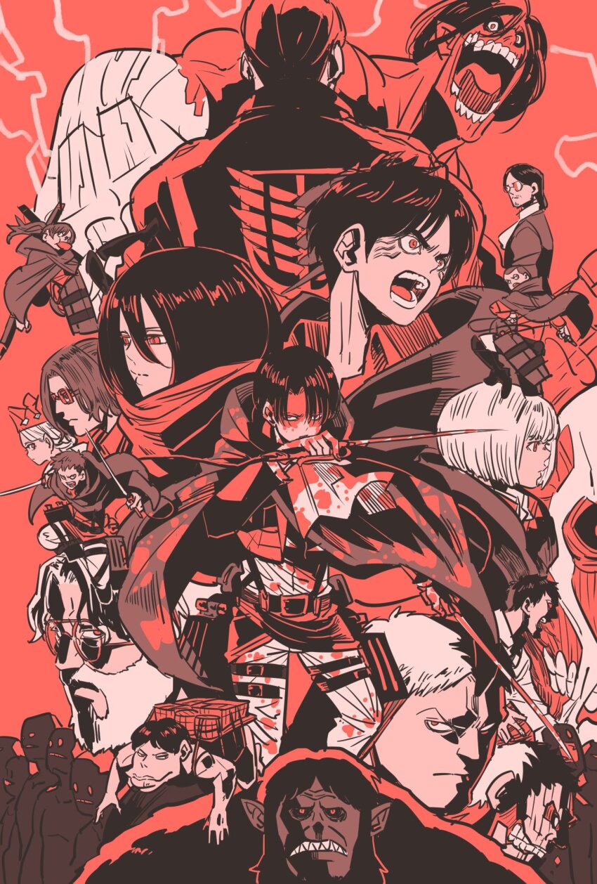 armin_arlert armored_titan ascot back beard beard_stubble beast_titan bertolt_hoover blood blood_on_clothes bob_cut cape cart_titan character_request colossal_titan commentary_request connie_springer crown eren_yeager facial_hair facial_mark father_and_son glasses grisha_yeager hair_between_eyes hange_zoe highres holding holding_weapon hood hooded_cape jean_kirstein krista_lenz levi_(shingeki_no_kyojin) mikasa_ackerman monkey open_mouth ponytail red_theme reiner_braun rogue_titan sasha_blouse shingeki_no_kyojin short_hair sidelocks stubble takeuchi_ryousuke titan_(shingeki_no_kyojin) v-shaped_eyebrows weapon zeke_yeager