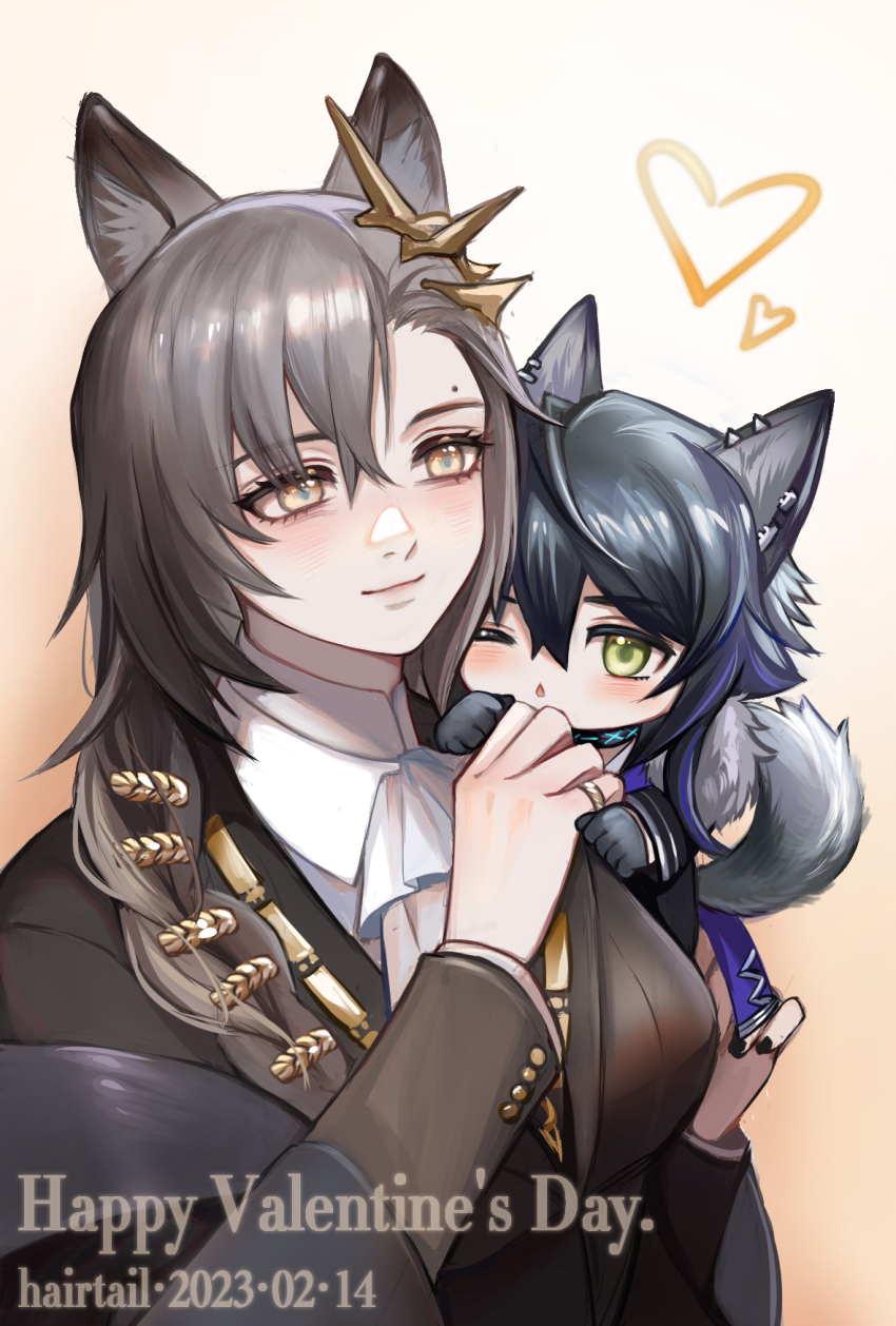 1boy 1girl animal_ears arknights black_hair black_jacket blush commentary_request gradient_background green_eyes hair_between_eyes hairtail heart highres infection_monitor_(arknights) jacket long_hair long_sleeves orange_background penance_(arknights) smile tail vigil_(arknights) wolf_ears wolf_tail yellow_eyes