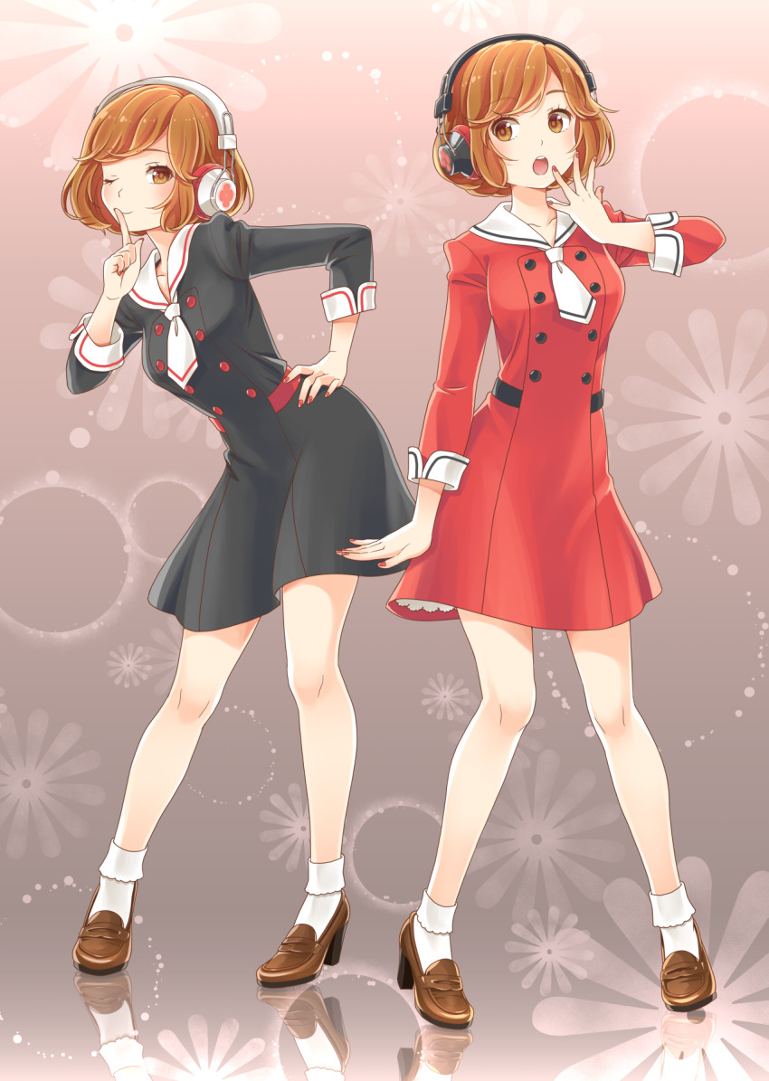 2girls black_dress black_hairband brown_eyes brown_footwear brown_hair closed_mouth dress finger_to_mouth full_body hairband hand_on_own_hip highres index_finger_raised kirita_asami lens_flare loafers long_sleeves looking_at_viewer meiko_(vocaloid) multiple_girls nail_polish necktie one_eye_closed open_mouth red_dress red_nails sailor_collar sailor_dress sakine_meiko shoes short_dress short_hair short_necktie socks standing swept_bangs vocaloid white_hairband white_legwear white_neckwear white_sailor_collar