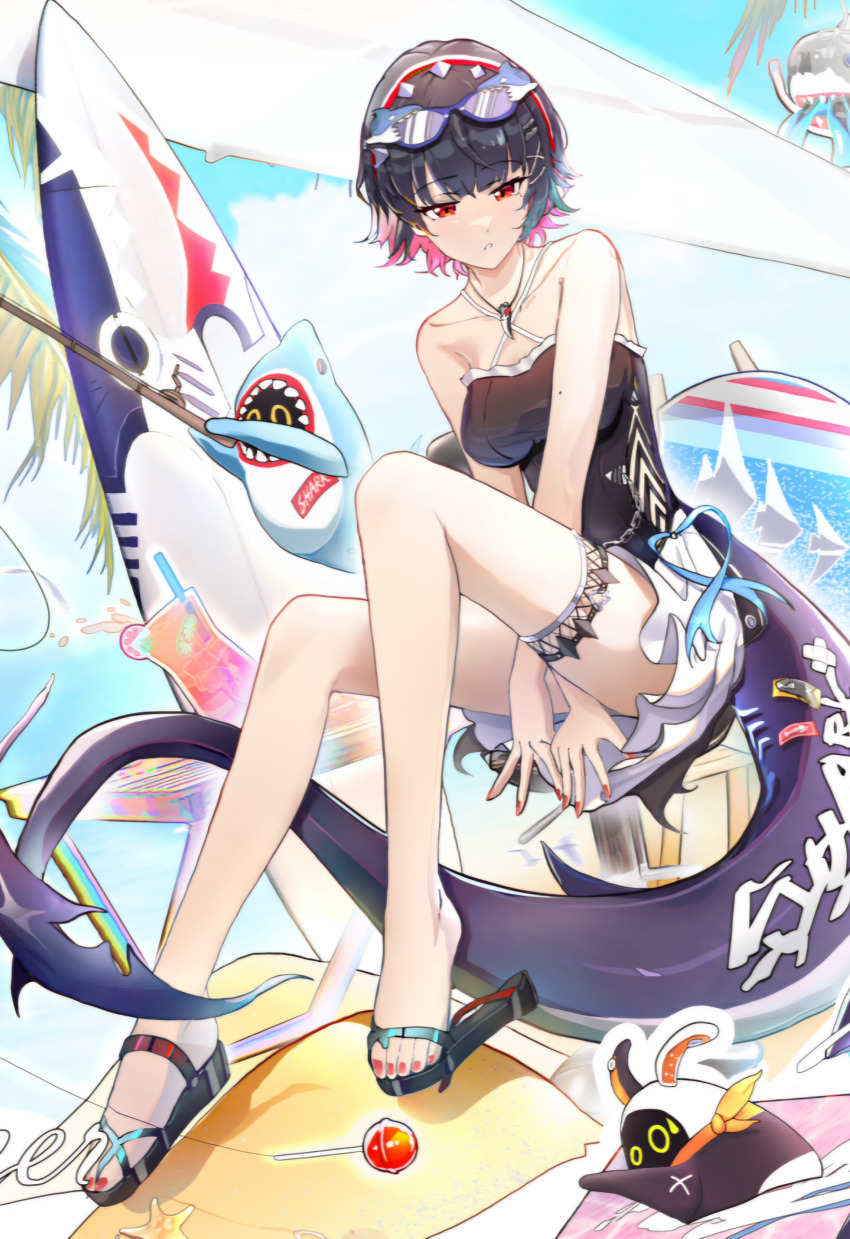 1girl absurdres arms_between_legs bare_arms bare_shoulders black_hair black_sandals breasts candy collarbone drinking_straw ellen_joe eous_(zenless_zone_zero) eyewear_on_head fingernails fins fish_tail fishing_rod food full_body hair_ornament hairclip highres juice large_breasts lollipop mole mole_under_eye nail_polish orange_juice outdoors parted_lips red_eyes red_hair red_nails sandals shark_girl shark_tail sharkboo_(zenless_zone_zero) short_hair sitting spiked_thighlet sunglasses surfboard swimsuit tail toenail_polish toenails tree wangzili_shitoumen water zenless_zone_zero
