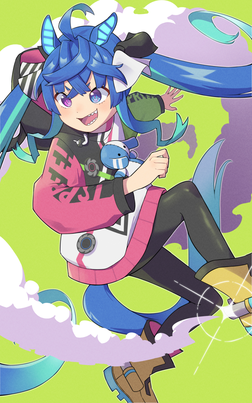 1girl ahoge animal_ears animal_hood ankle_boots aqua_hair black_bodysuit black_ribbon blue_eyes blue_hair bodysuit boots coat commentary crossed_bangs drawstring from_side green_background hair_ribbon heterochromia highres hood hooded_coat horse_ears horse_girl horse_tail jumping long_hair long_sleeves looking_back multicolored_coat multicolored_hair open_mouth purple_eyes rabbit_hood ribbon sharp_teeth shinna_(user_zfuz4288) sidelocks smile smoke solo sparkle stuffed_animal stuffed_rabbit stuffed_toy tail teeth twin_turbo_(umamusume) twintails two-tone_hair umamusume very_long_hair yellow_boots
