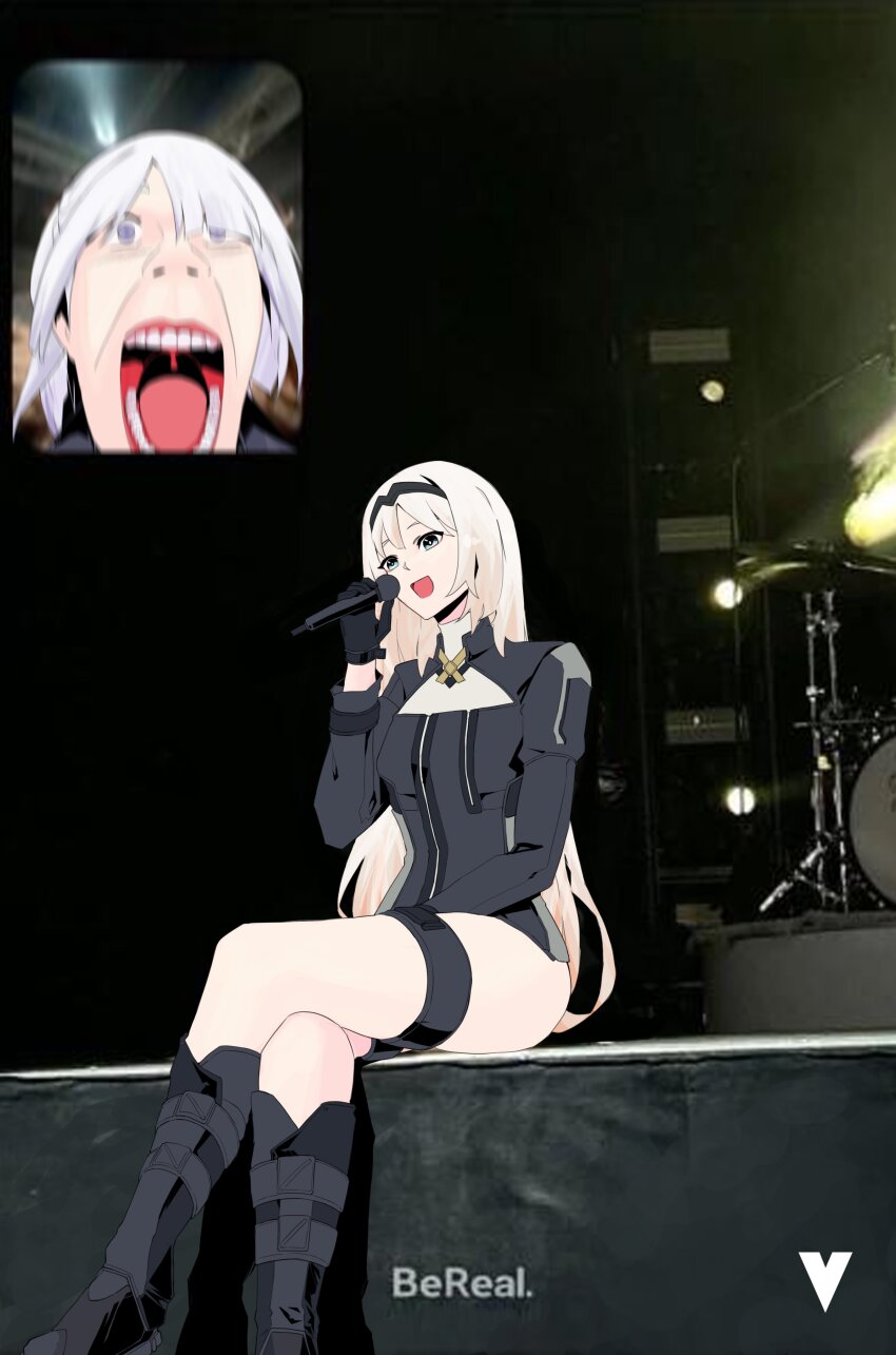 2girls absurdres ak-12_(girls&#039;_frontline) an-94_(girls&#039;_frontline) aqua_eyes black_footwear black_gloves black_hairband blonde_hair boots crossed_legs fan_screaming_at_madison_beer_(meme) girls&#039;_frontline gloves hairband highres holding holding_microphone long_hair meme microphone multiple_girls music open_mouth photo_background purple_eyes singing sitting teeth tongue unusually_open_eyes variasii white_hair