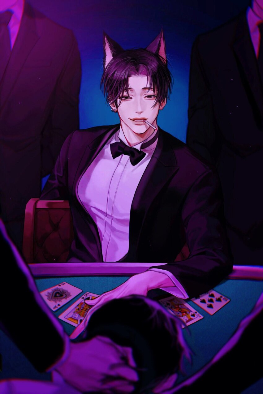 6+boys ace_(playing_card) animal_ears black_bow black_bowtie black_eyes black_hair black_jacket blurry blurry_background bow bowtie card casino_card_table cat_ears chinese_commentary cigarette commentary_request earrings faceless hand_on_table highres holding holding_another&#039;s_hair holding_cigarette jack_(playing_card) jacket jewelry king_(playing_card) light_particles looking_at_another looking_down male_focus multiple_boys on_chair open_clothes open_jacket original parted_lips playing_card shirt short_hair solo_focus table teeth thick_lips toscana20460423 white_shirt