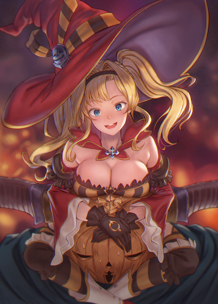 1boy 1girl :d asymmetrical_bangs bare_shoulders black_gloves black_hairband blonde_hair blue_eyes blurry blurry_background blush breast_rest breasts breasts_on_head cape cleavage commentary_request depth_of_field detached_sleeves draph feet_out_of_frame gloves granblue_fantasy hair_intakes hairband halloween halloween_costume hat highres horns jack-o&#039;-lantern knee_pads large_breasts long_hair long_sleeves looking_at_viewer open_mouth pumpkin red_cape red_headwear shin_guards sidelocks sitting sitting_on_shoulder smile spread_legs striped_clothes striped_legwear striped_thighhighs sweatdrop teeth tekkai_blade thighhighs twintails upper_teeth_only vaseraga vaseraga_(halloween)_(granblue_fantasy) wide_sleeves witch_hat zeta_(granblue_fantasy) zeta_(halloween)_(granblue_fantasy)