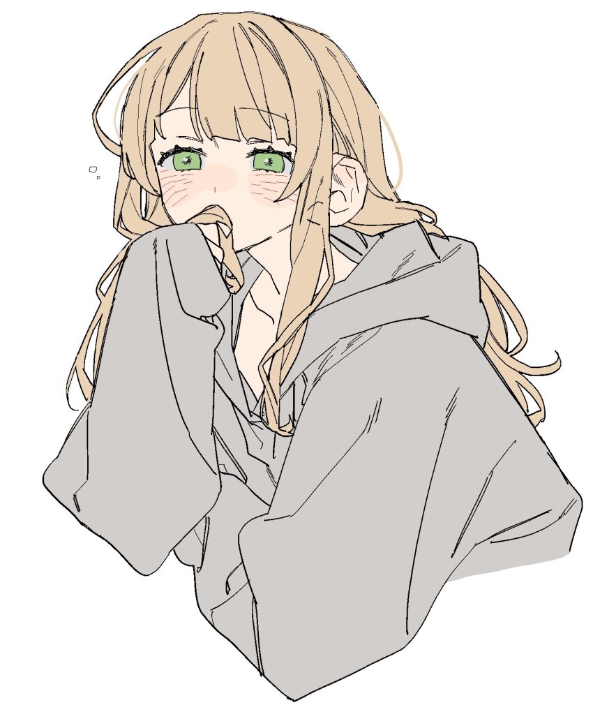 1girl dayama green_eyes grey_hoodie highres hood hoodie kaburaki_roco nijisanji solo virtual_youtuber white_background