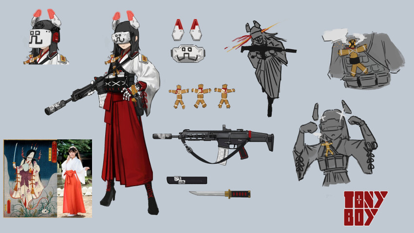 1girl ammunition_pouch assault_rifle black_boots boots charm_(object) flexing fn_scar grey_background gun gun_sling head-mounted_display headshot highres holster japanese_clothes knife_sheath lens_flare load_bearing_vest magazine_(weapon) mechanical_arms mechanical_ears miko muzzle_device optical_sight original patch photo_inset pouch red_skirt reference_inset reference_sheet rifle sheath short_sword shoulder_patch signature simple_background skirt steam straw_doll suppressor sword tactical_clothes tantou tony_tseng weapon white_hands