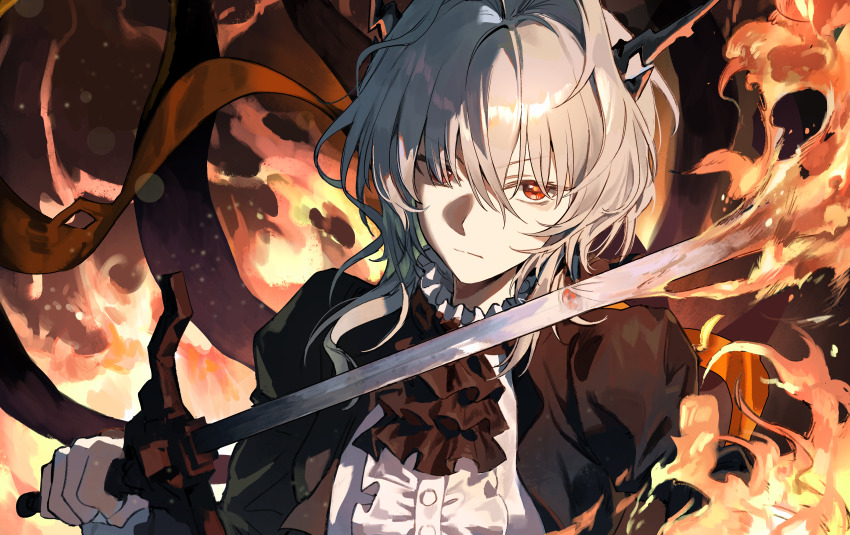 1girl absurdres arknights ascot black_ascot black_horns black_jacket center_frills chinese_commentary closed_mouth commentary embers fire frills grey_hair hair_between_eyes hair_intakes highres holding holding_sword holding_weapon horns jacket lens_flare light_particles medium_hair monky open_clothes open_jacket orange_eyes reflection shirt solo sword talulah_(arknights) upper_body weapon white_shirt