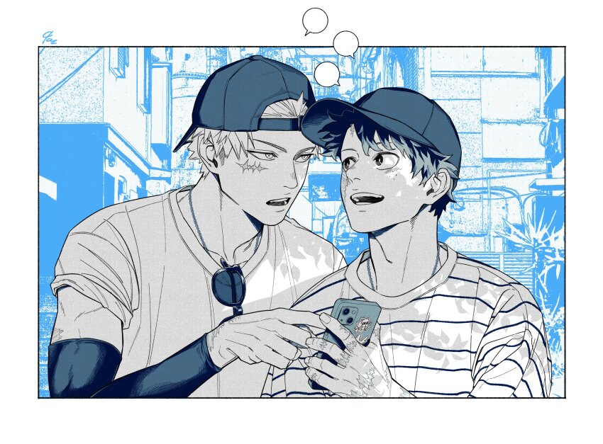 2boys 9_a_zq alternate_costume backwards_hat bakugou_katsuki baseball_cap boku_no_hero_academia cellphone commentary_request compression_sleeve crew_neck eye_contact facial_scar freckles hat highres holding holding_phone looking_at_another male_focus midoriya_izuku multiple_boys open_mouth phone scar scar_across_eye scar_on_cheek scar_on_face scar_on_hand shirt short_hair sleeves_rolled_up smile speech_bubble spot_color striped_clothes striped_shirt sunglasses teeth unworn_eyewear upper_body