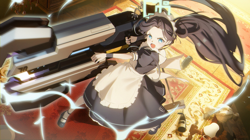 2girls absurdres apron aris_(blue_archive) aris_(maid)_(blue_archive) black_dress black_hair black_shoes blue_archive blue_eyes bottle carpet commentary_request dress electricity forehead from_above green_halo halo highres holding holding_weapon huge_weapon indoors kei_(robot)_(blue_archive) long_hair looking_ahead maid maid_apron maid_headdress mop multiple_girls official_alternate_costume open_mouth pantyhose ponytail railgun shoes solo_focus very_long_hair weapon white_apron white_pantyhose wine_bottle wristband yuyiosang