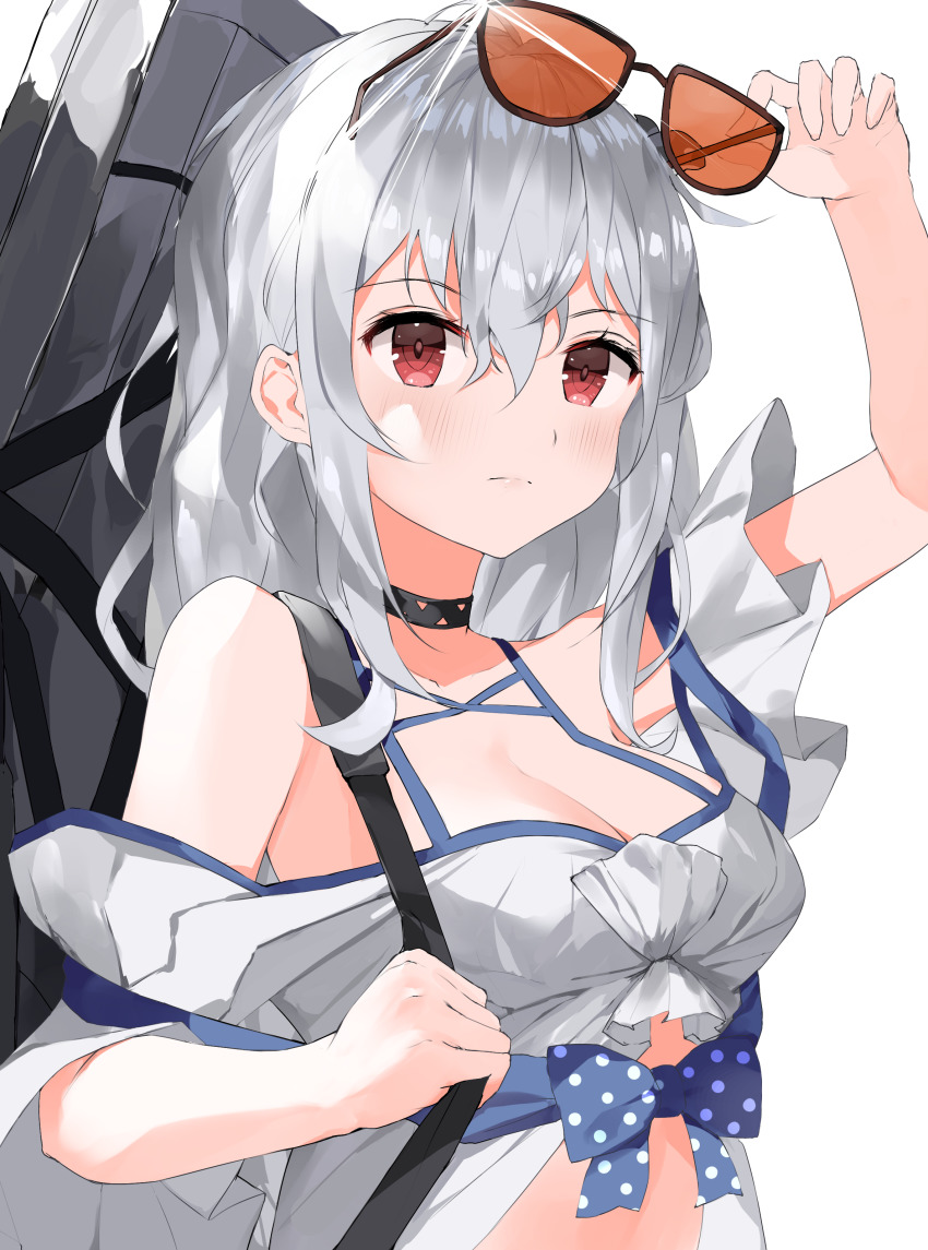 024th 1girl absurdres arknights bare_shoulders black_choker breasts carrying chinese_commentary choker closed_mouth commentary_request unworn_eyewear hair_between_eyes highres holding holding_removed_eyewear holding_strap long_hair looking_at_viewer medium_breasts no_headwear off-shoulder_shirt off_shoulder official_alternate_costume red_eyes shirt short_sleeves silver_hair skadi_(arknights) skadi_(waverider)_(arknights) solo sunglasses upper_body very_long_hair weapon_case white_background white_shirt