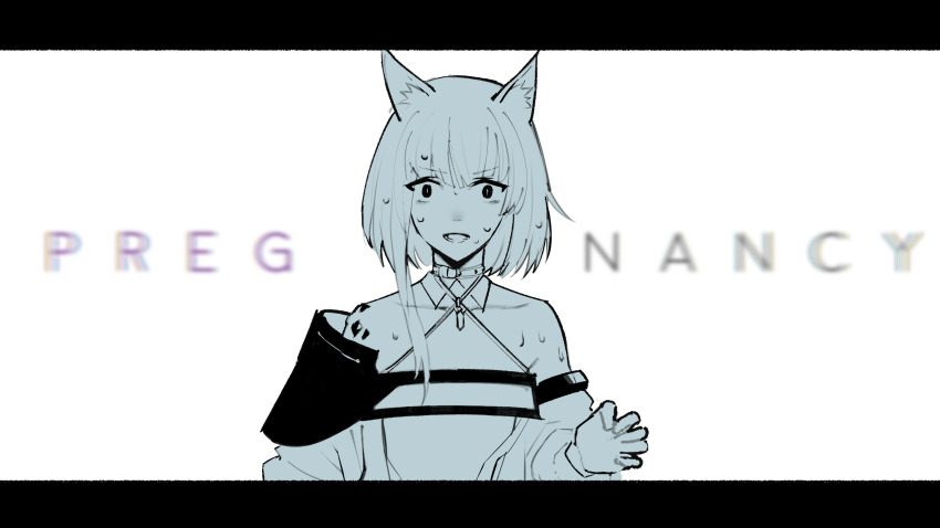 1girl animal_ear_fluff animal_ears arknights bare_shoulders cat_ears cat_girl dress english_text flood_infection_form halterneck highres kal&#039;tsit_(arknights) letterboxed looking_at_viewer lower_teeth_only material_growth monochrome off-shoulder_dress off_shoulder open_mouth oripathy_lesion_(arknights) scared simple_background solo spot_color sweat teasmacker teeth upper_body white_background