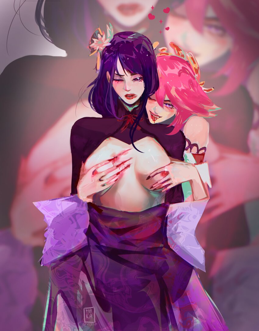 2girls absurdres black_shrug blood blood_in_mouth blood_on_tongue breasts breasts_out cowboy_shot fangs fingernails genshin_impact grabbing_another&#039;s_breast groping hair_ornament highres injury japanese_clothes kimono lipstick long_hair makeup medium_breasts mole mole_under_eye multiple_girls nontraditional_miko one_eye_closed pink_eyes pink_hair purple_eyes purple_hair purple_kimono raiden_shogun red_eyes red_lips sharp_fingernails shrug_(clothing) smeared_lipstick standing tongue tongue_out twitter_username yae_miko yeysoup yuri