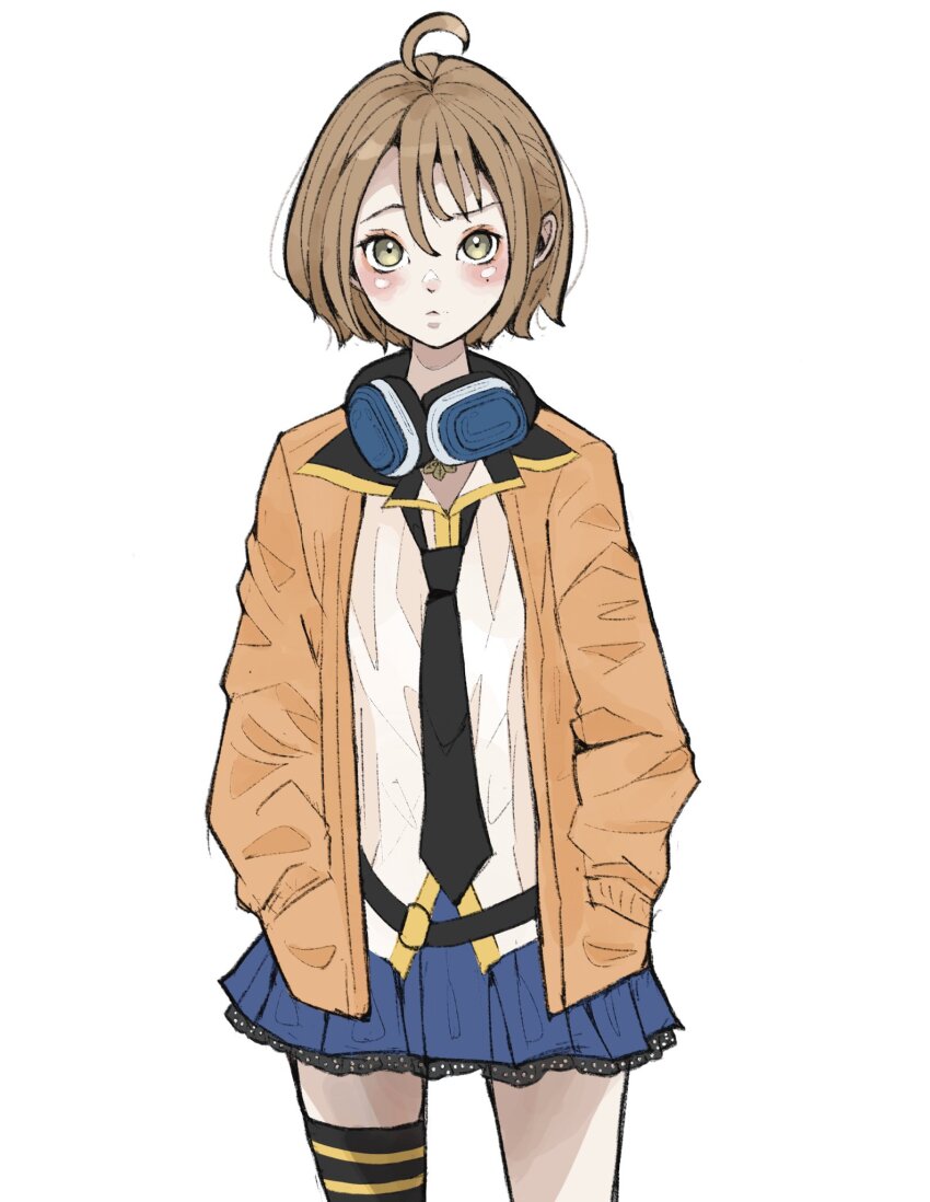 1girl ahoge assault_lily belt black_belt black_necktie black_thighhighs blue_skirt blush brown_hair cardigan closed_mouth collared_shirt commentary cowboy_shot frilled_skirt frills hair_between_eyes hands_in_pockets headphones headphones_around_neck highres jewelry kawamura_yuzuriha lace lace-trimmed_skirt lace_trim long_sleeves looking_at_viewer loose_belt loose_necktie miniskirt mole mole_under_eye necktie o-ring o-ring_belt odaiba_girls_high_school_uniform open_cardigan open_clothes orange_cardigan pendant pocket raised_eyebrow sally_(allogkk) school_uniform shirt short_hair simple_background single_thighhigh skirt solo standing thighhighs white_background white_shirt yellow_eyes