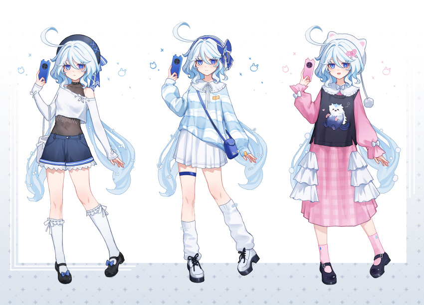 1girl :t absurdres bag black_choker black_shoes black_shorts black_vest blue_bow blue_eyes blue_hair blue_hairband bow cellphone choker closed_mouth crop_top dress full_body furina_(genshin_impact) genshin_impact hair_between_eyes hair_bow hairband hat heterochromia high_heels highres holding holding_phone jewelry leisurely_otter_(genshin_impact) long_hair long_sleeves multicolored_hair multiple_views phone pink_dress shirt shoes shorts shoulder_bag skirt smartphone smile standing streaked_hair striped_clothes striped_shirt symbol-shaped_pupils thighhighs very_long_hair vest white_hair white_hat white_shirt white_shoes white_skirt white_thighhighs yukiri_(l_ii)