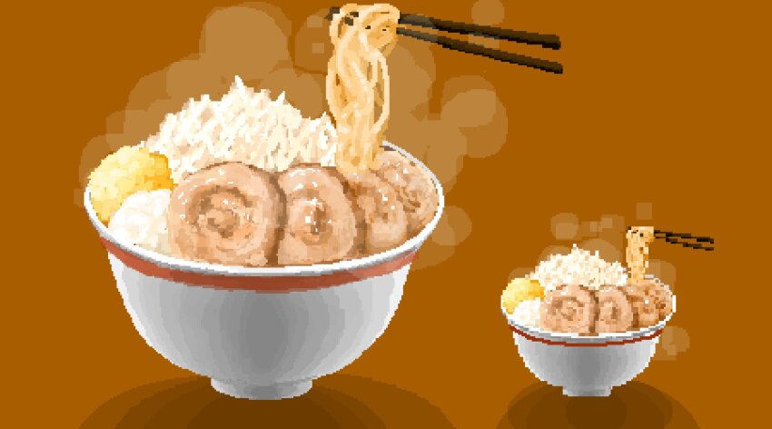 bean_sprout char-siu chopsticks food highres hisachan55cute kamaboko multiple_views no_humans noodles original ramen scenery shadow simple_background steaming_food yellow_background