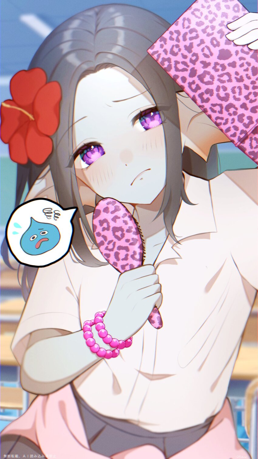1girl absurdres animal_print aqua_skin bead_bracelet beads black_hair blurry blurry_background bracelet chromatic_aberration classroom clothes_around_waist colored_skin commentary_request dragon_quest dragon_quest_x film_grain fins fish_girl flower flying_sweatdrops frown grey_skirt gyaru hair_flower hair_ornament head_fins head_tilt hibiscus highres holding holding_brush holding_mirror indoors ishoku_hada jewelry kogal leopard_print long_hair mirror nikon_(user_aznh7528) parted_hair pink_sweater pleated_skirt purple_eyes red_flower school_uniform shirt sitting skirt slime_(dragon_quest) solo speech_bubble spoken_character sweater sweater_around_waist weddie_(dq10) white_shirt