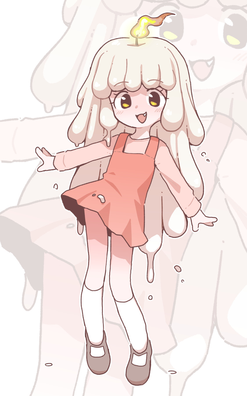 1girl absurdres black_shoes borrowed_character dress fang fire full_body highres long_sleeves looking_at_viewer orenjipiiru original red_dress shoes socks standing white_hair white_socks yellow_eyes zoom_layer