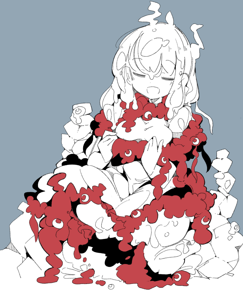 1girl ahoge breasts closed_eyes dress dripping ebisu_eika expo2025 grey_background highres limited_palette long_earlobes long_hair massakasama medium_breasts myaku-myaku open_mouth rock simple_background smile solo stack touhou